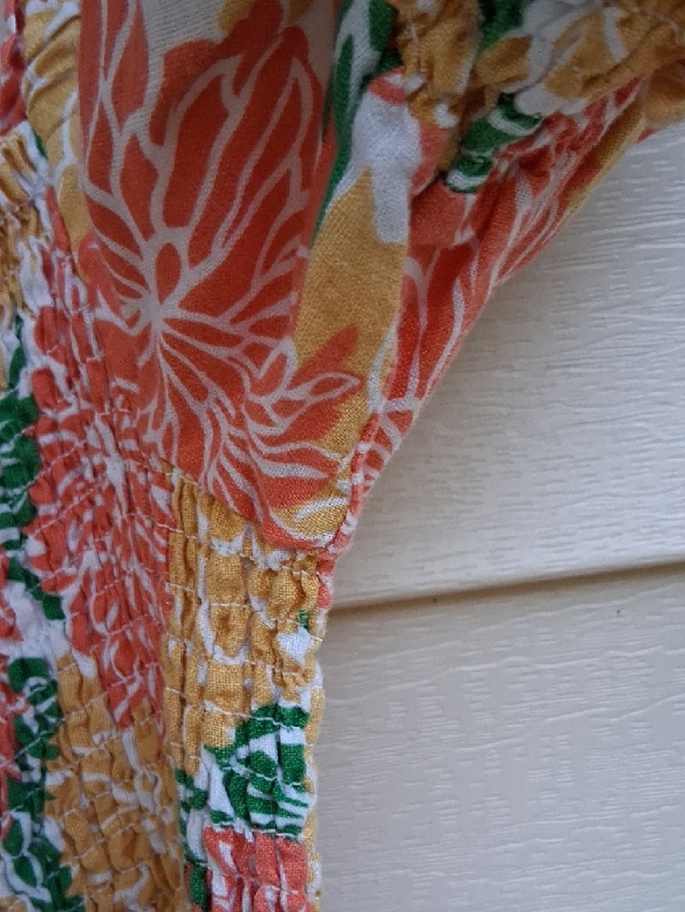 Smocked Puff-Sleeve Mini Dress - Yellow & Coral Floral 100% Linen Sz ( M ) - Picture 6 of 10